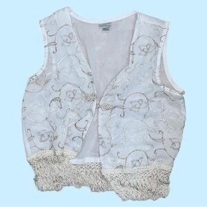 Vintage White Embroidered Vest with Fringe